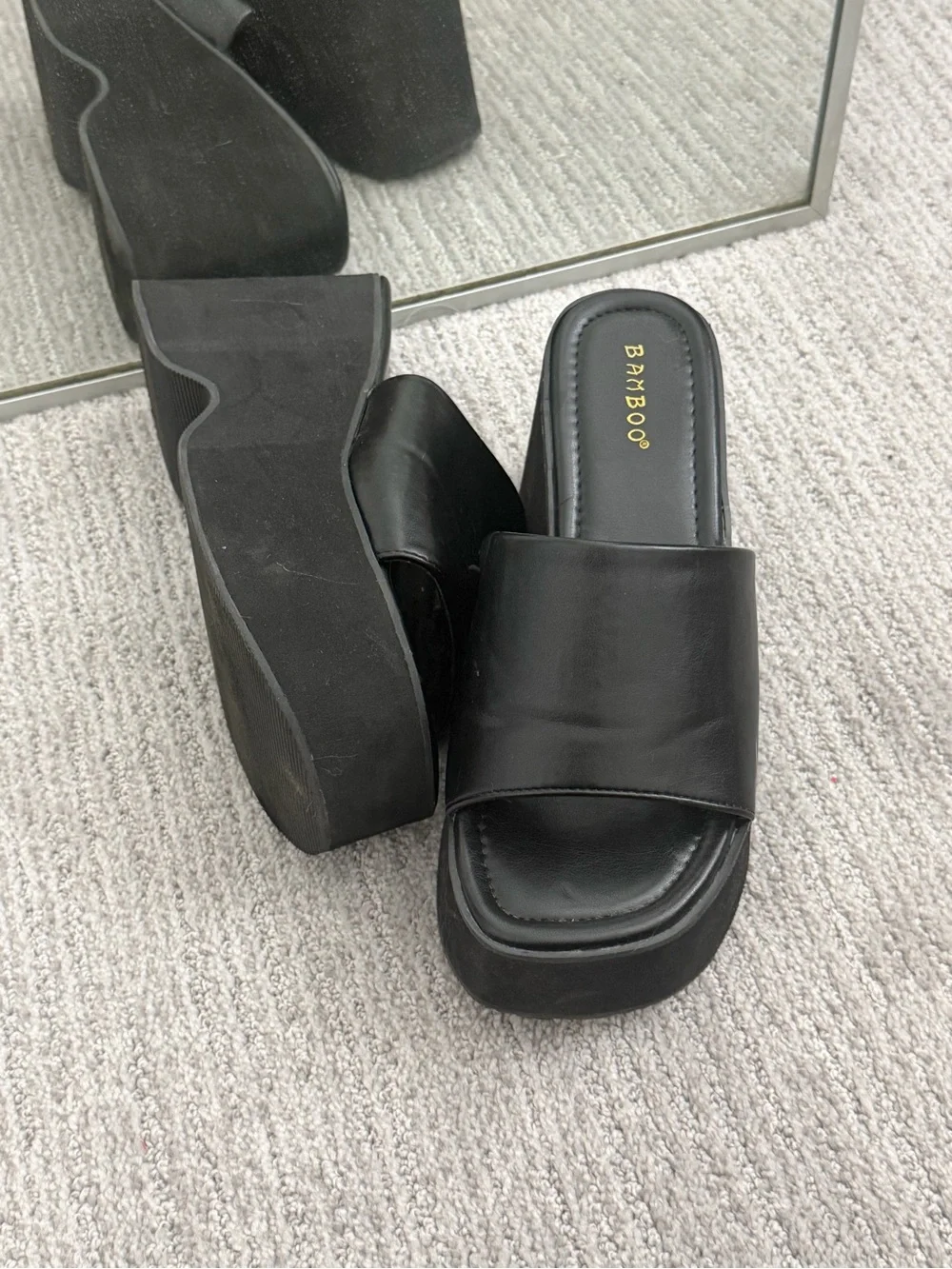 Miss Lola Black Platform Slide Wedges